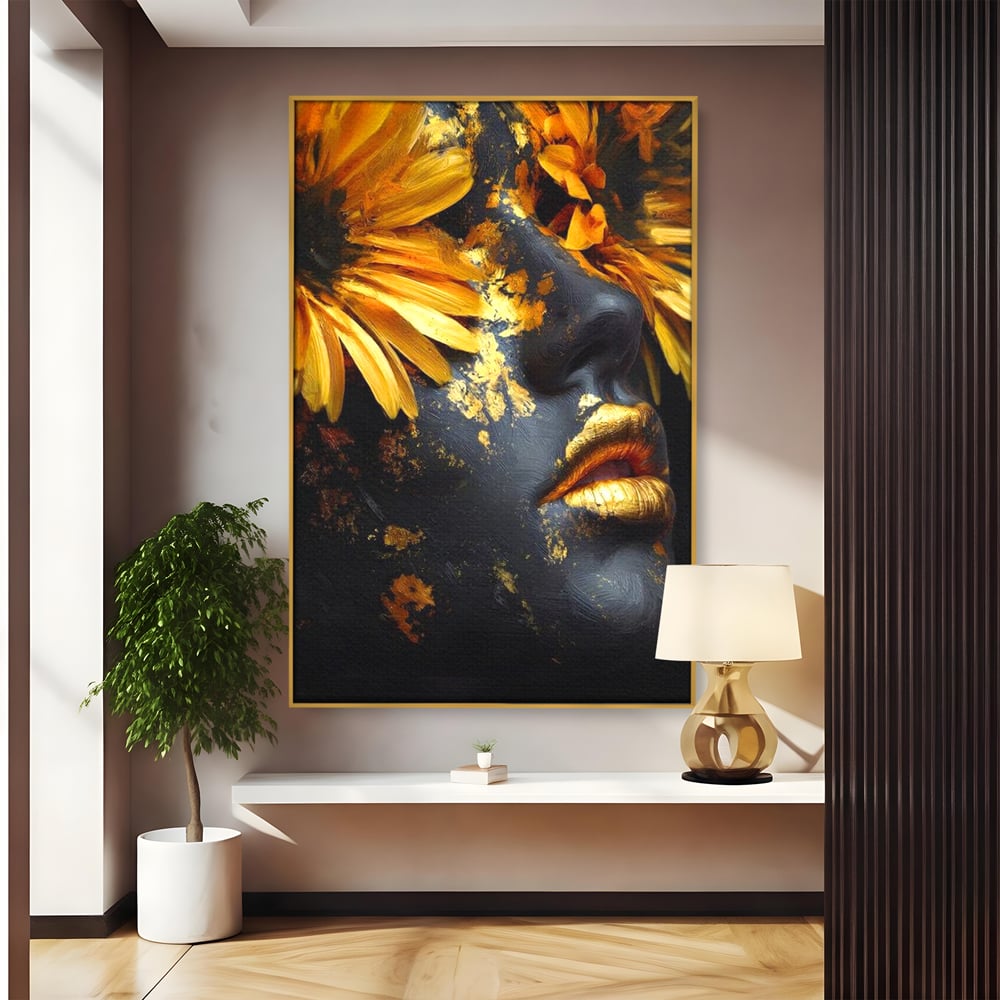 Tablou canvas cu tablou canvas cu portret feminin si foita aurie, in rama de aluminiu auriu
